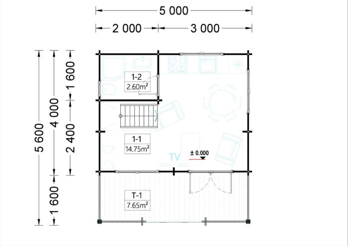 Blockbohlenhaus Tirol mit Schlafboden und Terrasse (44 mm), 20 m² + 8 m²