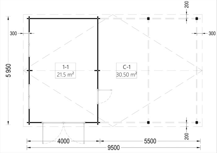 Holzgarage mit (44 mm) 4x6 m mit Doppelcarport 5.5x6 m