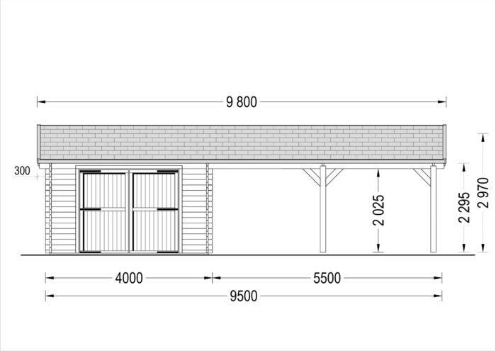 Holzgarage mit (44 mm) 4x6 m mit Doppelcarport 5.5x6 m