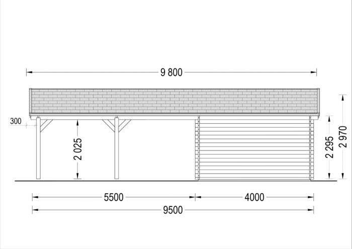 Holzgarage mit (44 mm) 4x6 m mit Doppelcarport 5.5x6 m