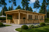 Blockbohlenhaus HANNES (Extra Isoliert, 44+44 mm) · 42 m² + 10 m² Terrasse · Pultdach