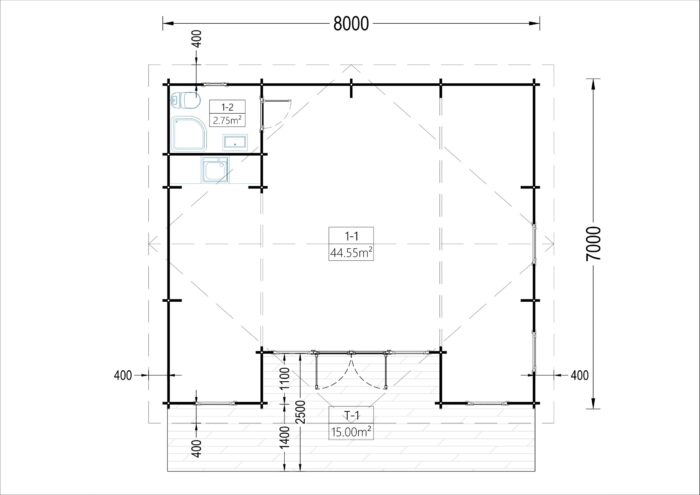 Blockbohlenhaus FELDKIRCH (44 mm), 56 m²