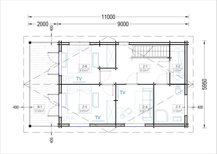 Blockbohlenhaus TURIN (44 + 44 mm), 100 m² + 20m² Terrasse