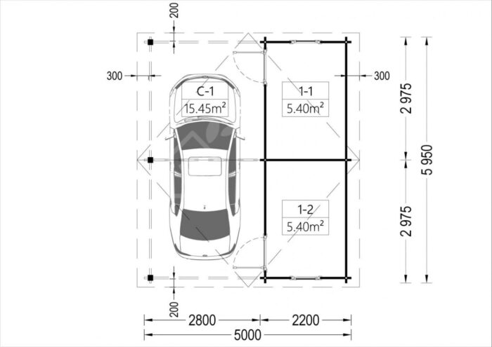 Carport aus Holz für 1 Auto mit Schuppen (44 mm), 5x6 m