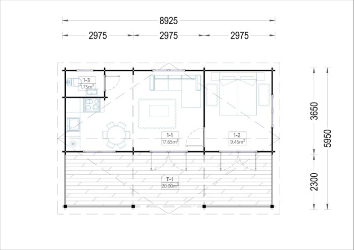 Blockbohlenhaus mit Terrasse LILLI ( 66mm), 32m² + 20m²