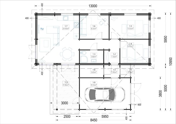 Blockbohlenhaus SEEFELD (44 + 44 mm) 105 m² mit Flachdach