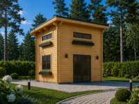 Blockbohlenhaus DORNBIRN (44+44 mm Isoliert) · 20 m² + 16 m² Schlafboden · Pultdach