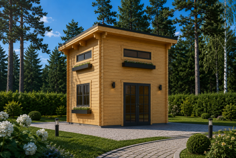 Blockbohlenhaus mit Schlafboden DORNBIRN (44 mm), 20 m² + 16 m² mit Pultdach
