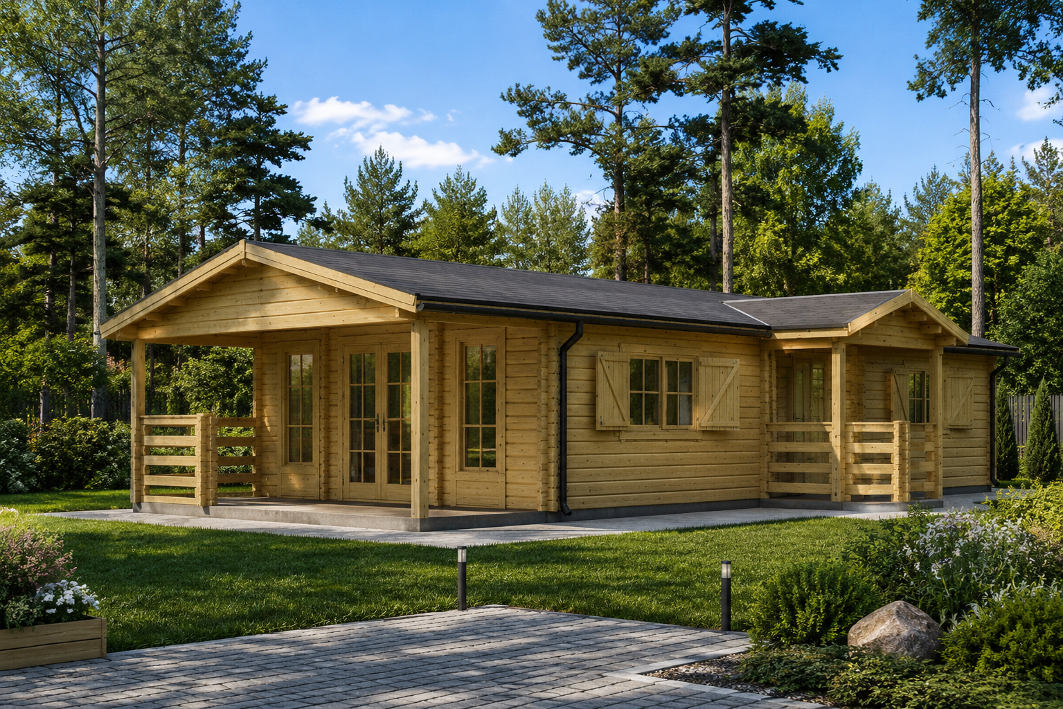 Blockhaus Doris (2) Blockbohlenhaus DORIS (Isoliert, 44+44 mm) · 63 m² mit Terrasse – Bild 1
