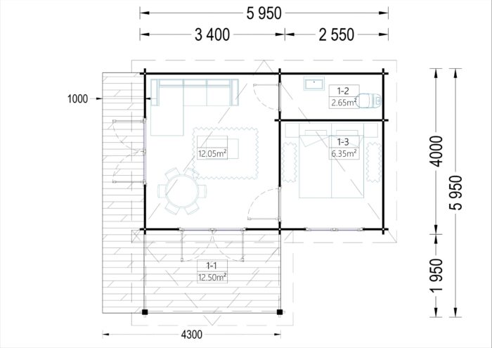 Gartenhaus HELENE 6x4m, 24m² mit 12.5m² Terrasse