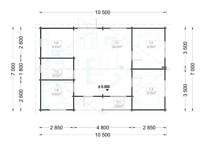 Blockbohlenhaus ULRICH (44 oder 66 mm) · 70 m² · Flachdach – Bild 6