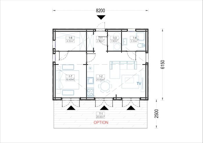 Blockbohlenhaus Angelika 44mm + Holzverschalung), 8.2x6.2m, 50m²