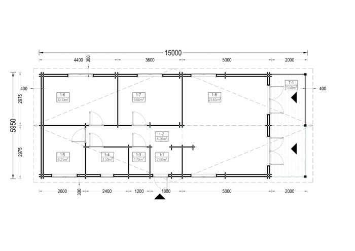 Blockbohlenhaus GOSAU (44 + 44 mm), 6x15 m, 90 m²