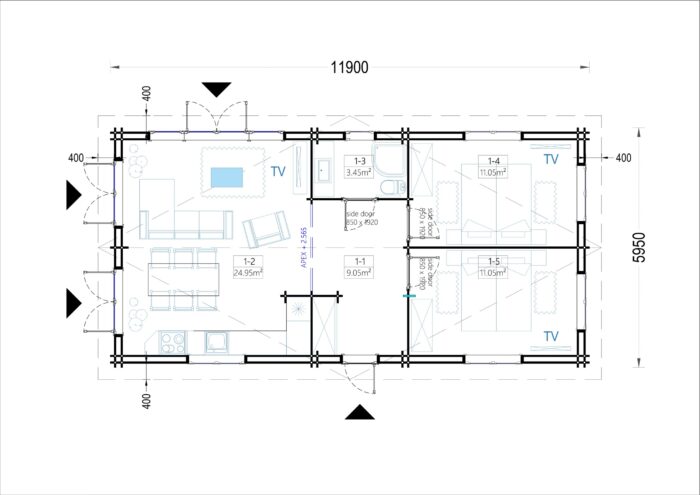 Blockbohlenhaus ANGELA (44+44mm), 71m²