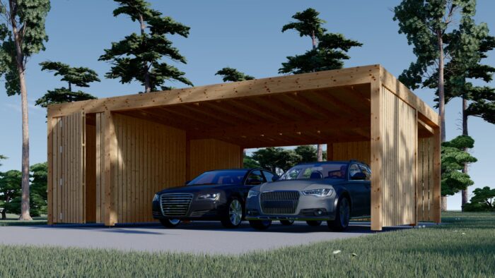 Carport aus Holz für 2 Autos mit Schuppen und Seitenwand, 7.6x5.6 m