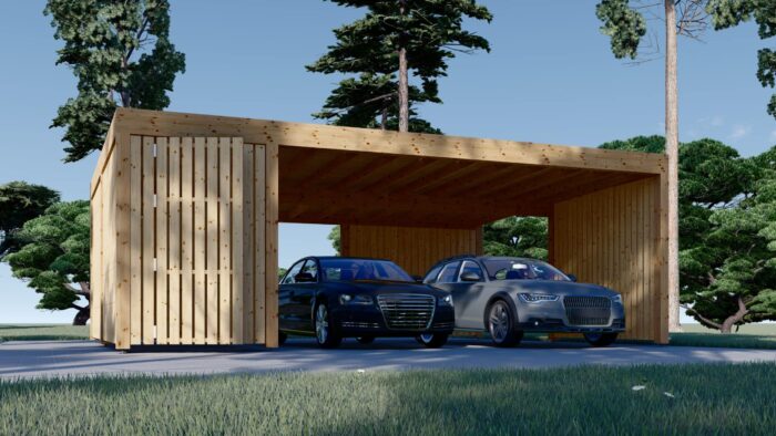 Carport aus Holz für 2 Autos mit Schuppen und Seitenwand, 7.6x5.6 m