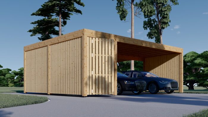 Carport aus Holz für 2 Autos mit Schuppen und Seitenwand, 7.6x5.6 m