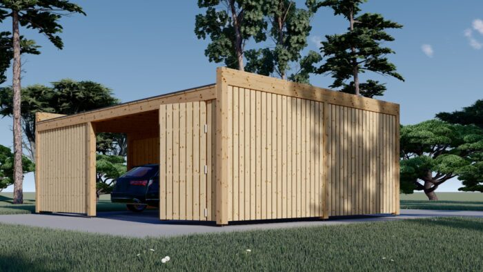 Carport aus Holz für 2 Autos mit Schuppen und Seitenwand, 7.6x5.6 m