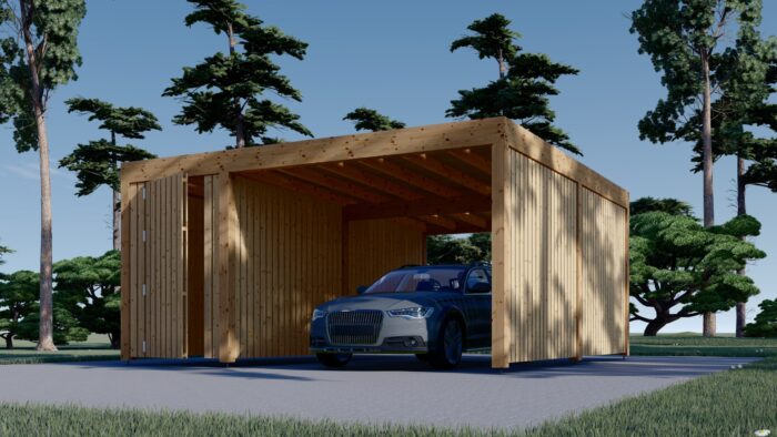 Carport aus Holz für 1 Auto mit Schuppen und Seitenwand LUNA F PLUS, 4.9x5.6 m