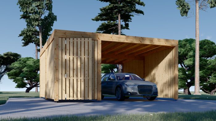 Carport aus Holz für 1 Auto mit Schuppen und Seitenwand LUNA F PLUS, 4.9x5.6 m