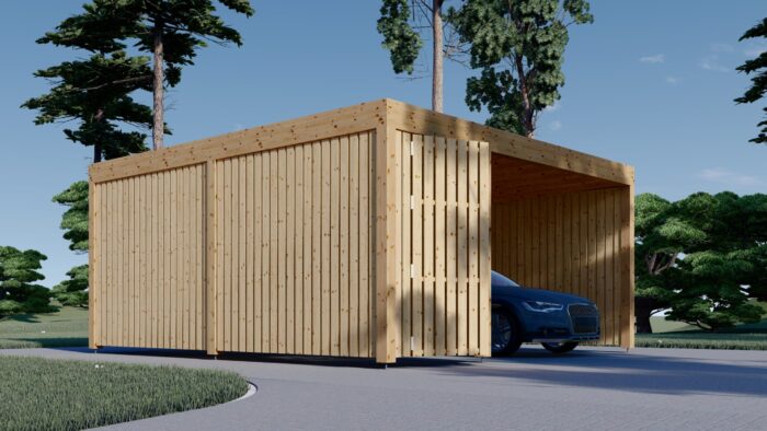 Carport aus Holz für 1 Auto mit Schuppen und Seitenwand LUNA F PLUS, 4.9x5.6 m