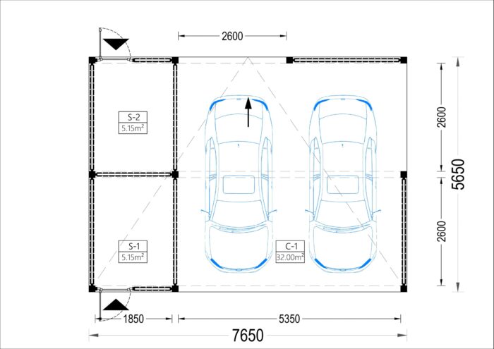 Carport aus Holz für 2 Autos mit Schuppen und Seitenwand, 7.6x5.6 m