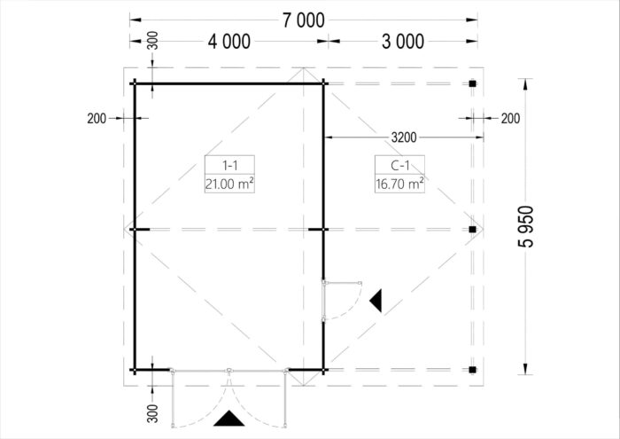 Einzelgarage (44mm) 4x6m mit Carport 3x6m