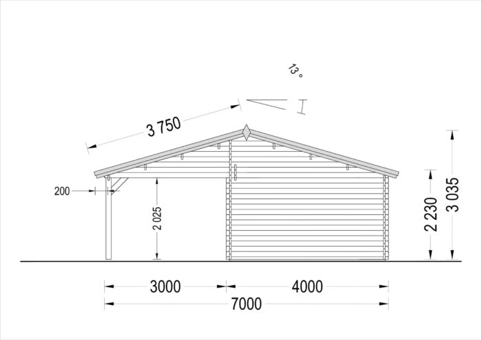 Einzelgarage (44mm) 4x6m mit Carport 3x6m