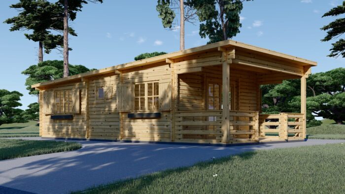 Blockbohlenhaus HANNES (66 mm) · 42 m² + 10 m² überdachte Terrasse · Pultdach – Bild 2