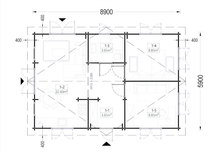 Blockbohlenhaus GRAZ (44mm) 54m² – Bild 6