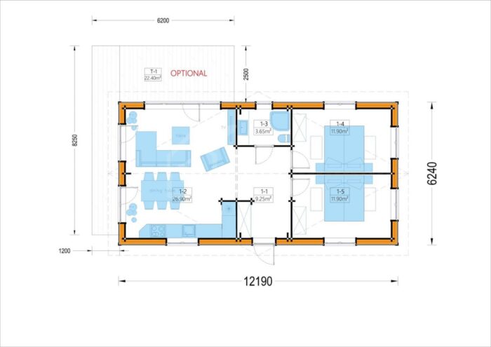 Blockbohlenhaus ANGELA (66 mm), 63m² Isoliert