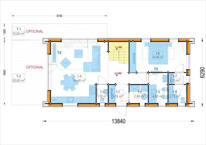 Holzhaus ALPINA(66 mm + Holzverschalung Isoliert ), 120 m²