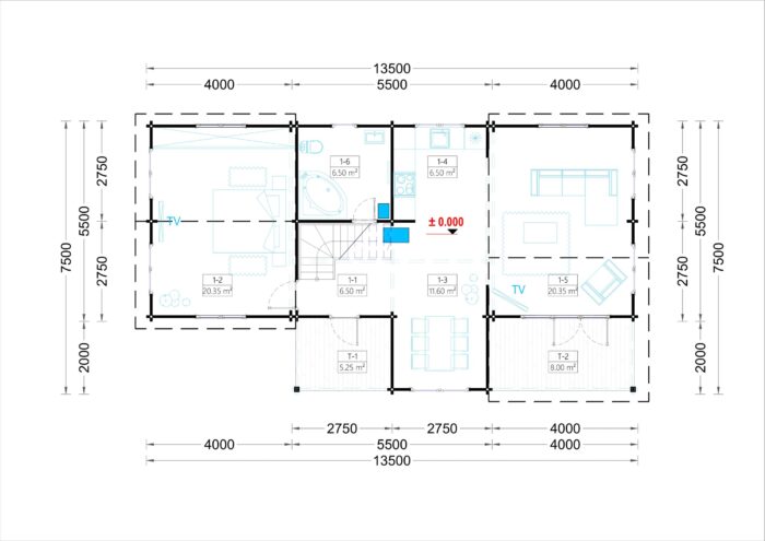 Holzwohnhaus DACHSTEIN , 66 mm + Holzverschalung), 108 m² + 13 m² Terrasse