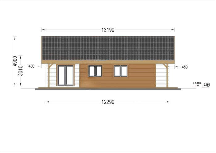 Holzwohnhaus LEIBNITZ (Isoliert, 66 mm + Holzverschalung), 70 m²