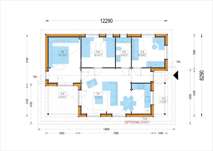 Holzwohnhaus LEIBNITZ (Isoliert, 66 mm + Holzverschalung), 70 m²