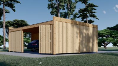 Carport aus Holz für 2 Autos mit Schuppen und Seitenwand, 7.6x5.6 m – Bild 6