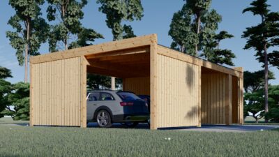 Carport aus Holz für 2 Autos mit Schuppen und Seitenwand, 7.6x5.6 m – Bild 3