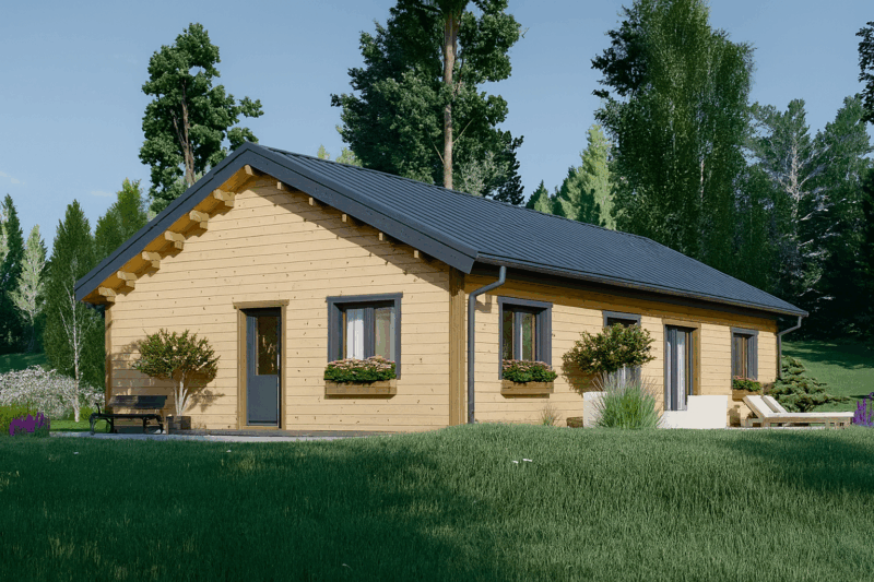 Blockbohlenhaus LIENZ (66 mm + Holzverschalung Isoliert) 103 m²