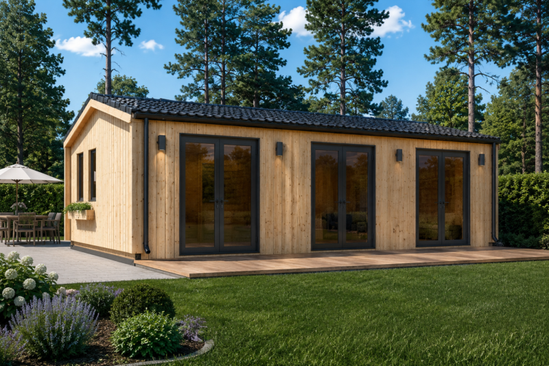 Blockbohlenhaus Angelika 44mm + Holzverschalung), 43m²
