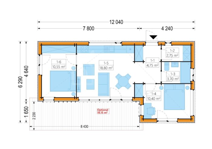 Holzhaus Laura 2 (66 mm + Holzverschalung) 50m² Isoliert – Bild 8
