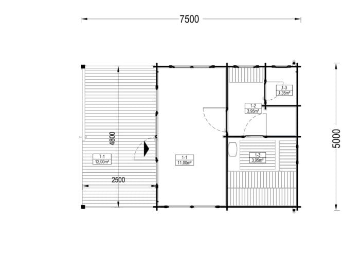 Saunahaus Helga (44 mm), 5x7,5 m; 25 m² mit Terrasse 12 m² (4 Räume) – Bild 11