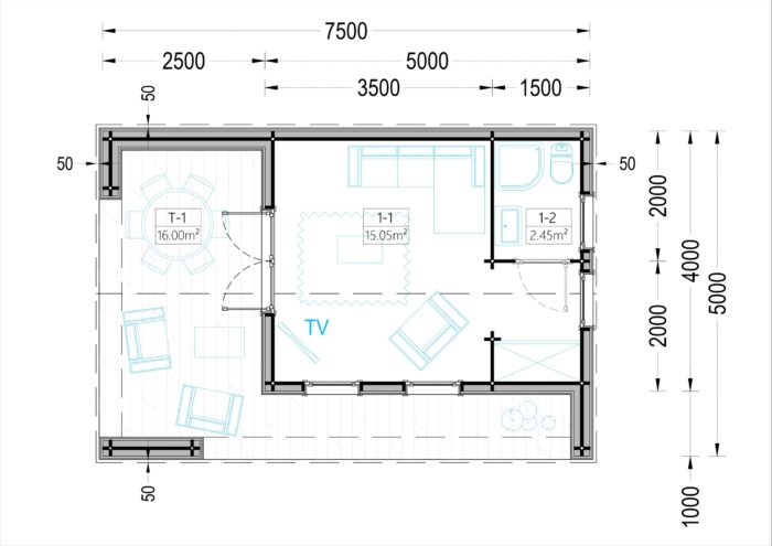Blockbohlenhaus MILAN Modern (44 mm + Holzverschalung) – 37 m² Isoliert – Bild 7