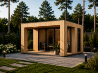 Gartensauna mit Vorraum DANIEL 34 mm + Holzverschalung), 4,6 x 2,1 m, 7,2 m² mit Terrase 6,7 m²
