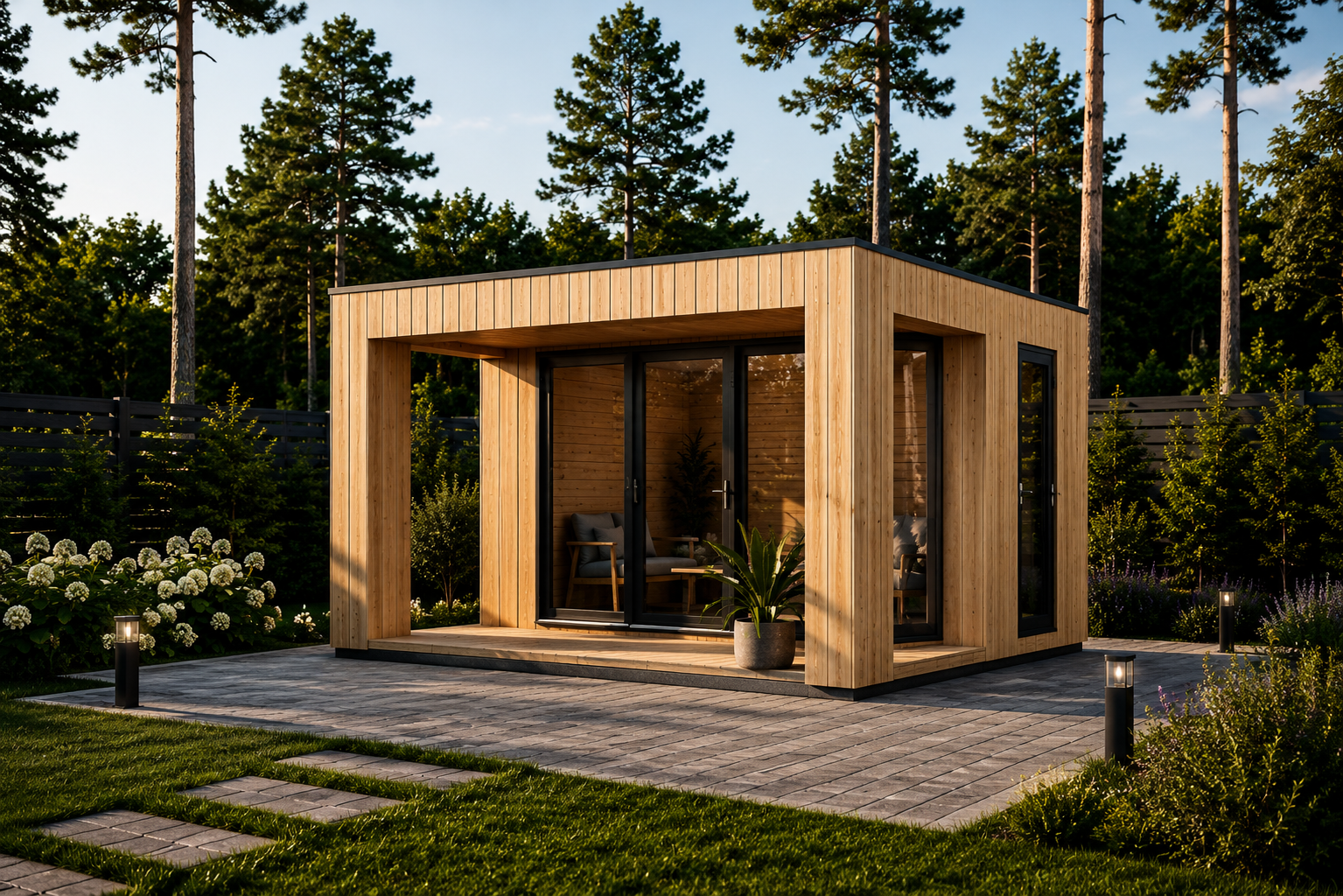 Gartensauna Daniel – 7,25 M² Innenfläche + 6,7 M² Terrasse (4,64 × 3,64 M) (4) Gartensauna mit Vorraum DANIEL 34 mm + Holzverschalung), 4,6 x 2,1 m, 7,2 m² mit Terrase 6,7 m² – Bild 1