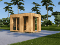 Gartensauna DANIEL (34 mm + Holzverschalung), 2,6 x 2,1 m, 3,8 m² mit Terrasse 3 m²