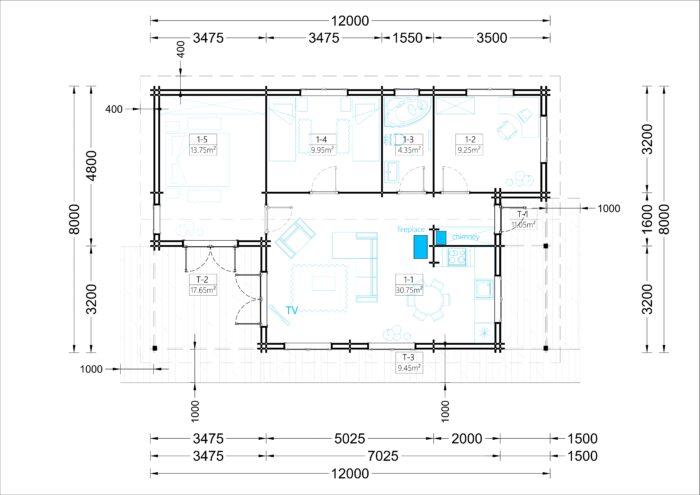 Blockbohlenhaus SCHLADMING (Isoliert, 44+44 mm), 78 m² + 15 m² Terrasse – Bild 9