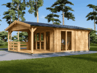 Saunahaus Helga (44 mm), 5x7,5 m; 25 m² mit Terrasse 12 m² (4 Räume)