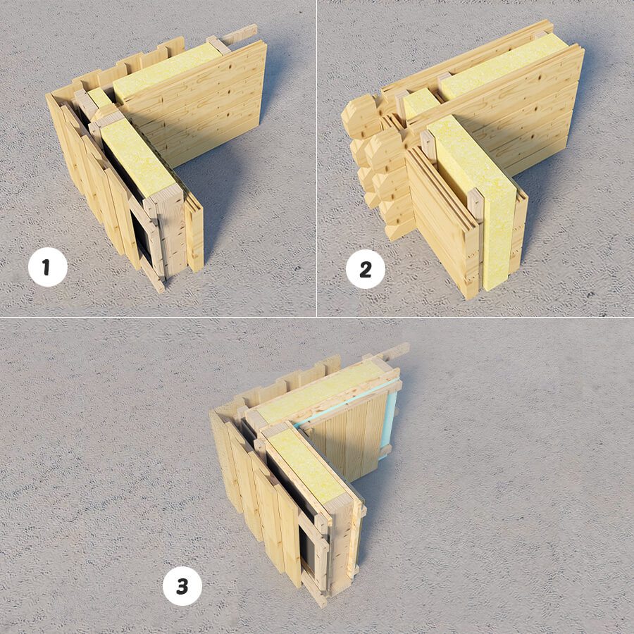 Drei gedämmte Holzwand-Aufbauten: Blockbohle mit Verkleidung, Doppelwand und SIP-Konstruktion