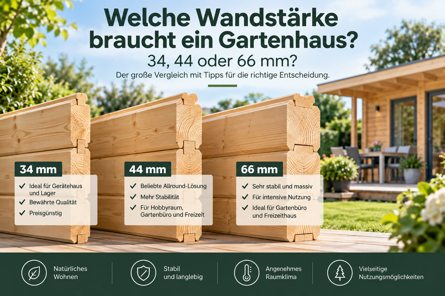 Welche Wandstärke braucht ein Gartenhaus? 34, 44 oder 66 mm?
