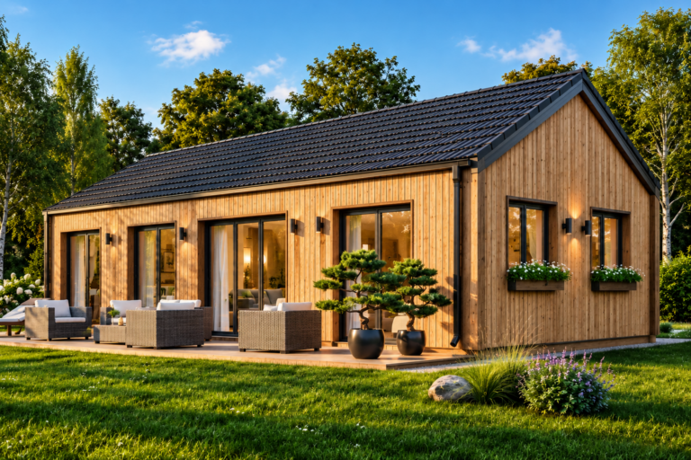 Holzhaus mit Terrasse und Satteldach – Symbolbild